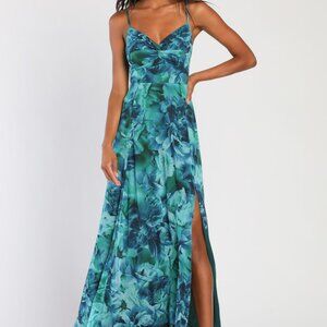 Lulus Beautiful Soul Teal Green Floral Print Twist-front Maxi Dress - Size L